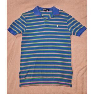 Vintage Polo Ralph Lauren Striped Polo Shirt Blue Pink Green Men Small W/Sm Hole